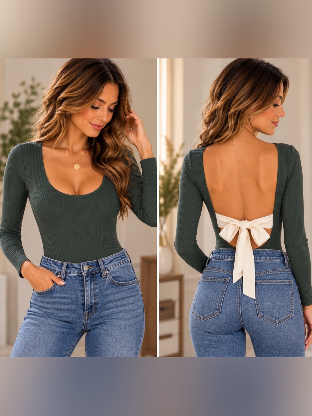 Topshop Size US 6 Olive Green Ribbed Open Back Bow Bodysuit NWOT